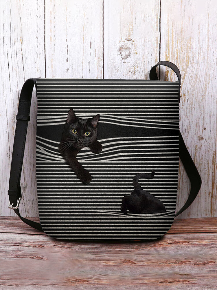 Women Felt Stripe Cat Print Crossbody Bag
