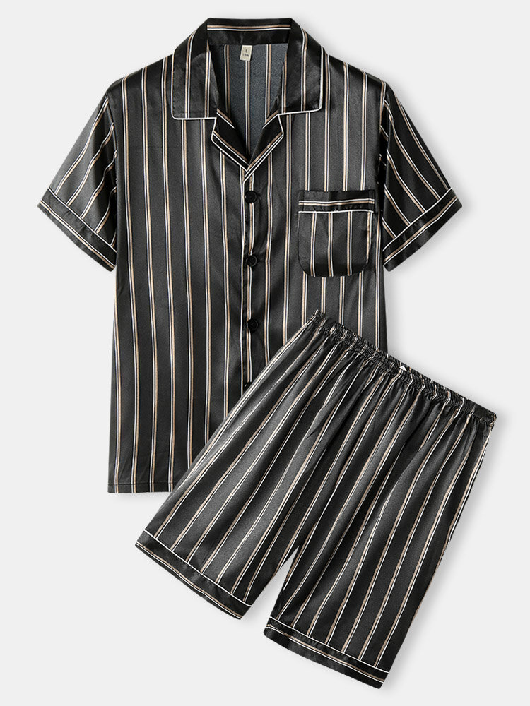 

Mens Satin Striped Revere Collar Contrast Binding Loungewear Pajamas Sets, Black