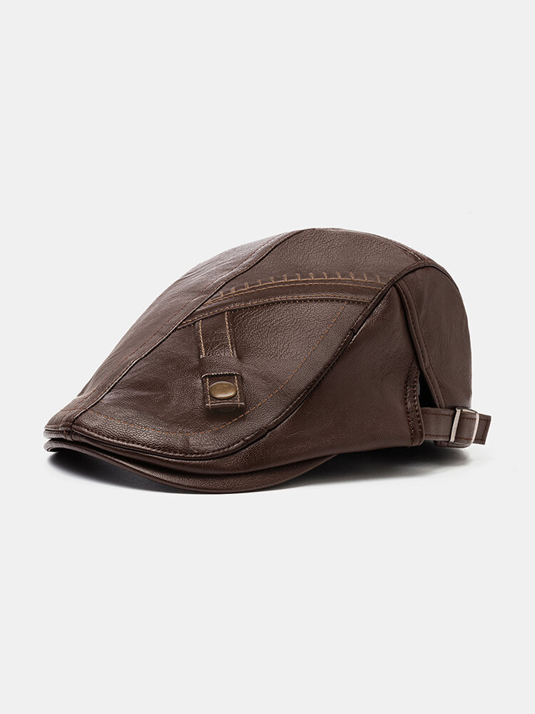 COLLROWN Men Faux Leather Solid Color Casual Vintage Adjustable Forward Hat Beret Hat
