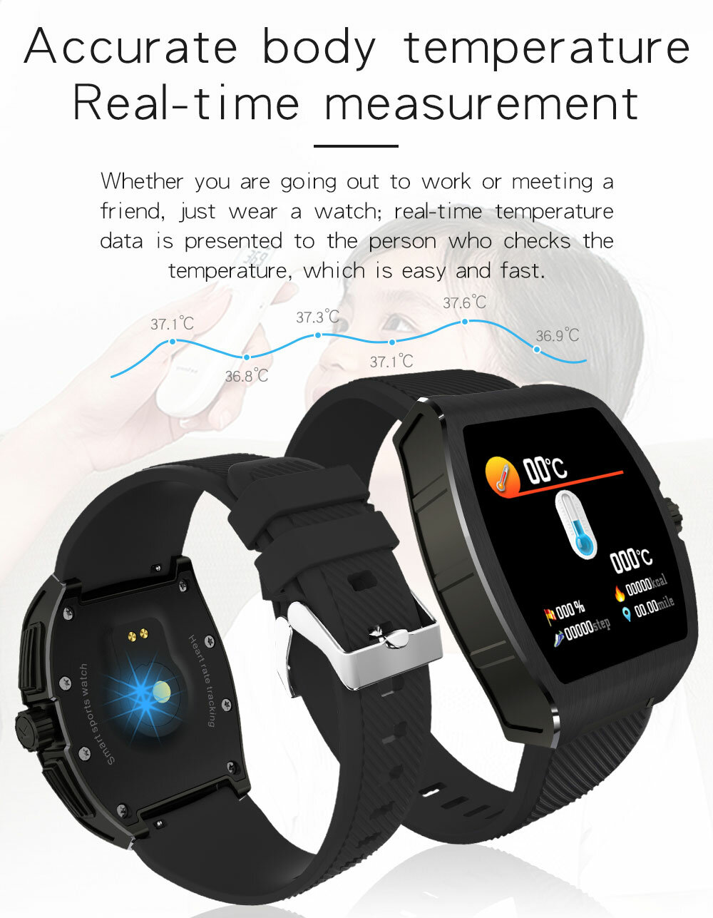 Body Temperature Tracker Wristband Blood Pressure Oxygen Monitor Multi Watch Face Weather Display Smart Watch