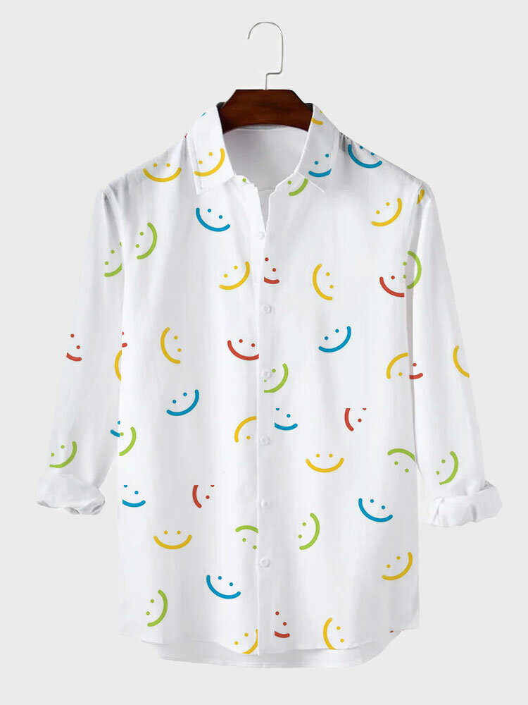 Mens Allover Colorful Smile Print Casual Long Sleeve Shirts Winter