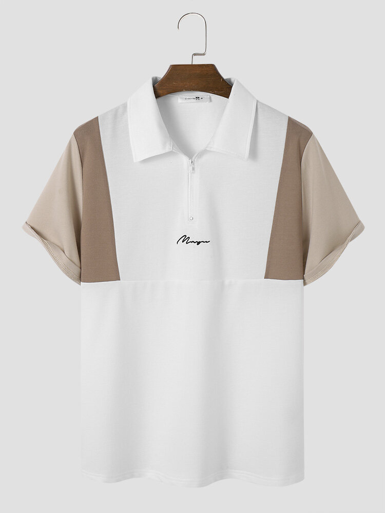 Mens Embroidered Patchwork Half Zip Short Sleeve Golf Shirts