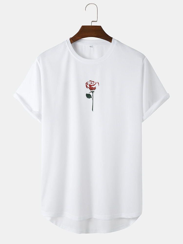 Mens Rose Floral Print High Low Sport Short Sleeve T-Shirts