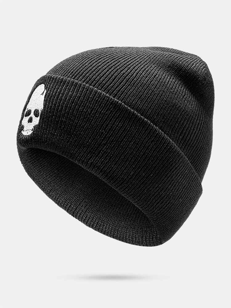 Unisex Knitted Skull Pattern Embroidery Fashion Warmth Brimless Beanie Hat