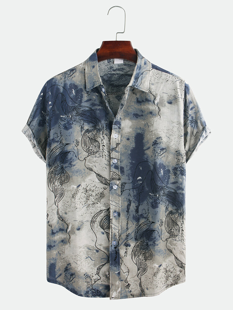 Mens Chinese Style Abstract Printing Short Sleeve Loose Casual Shirts