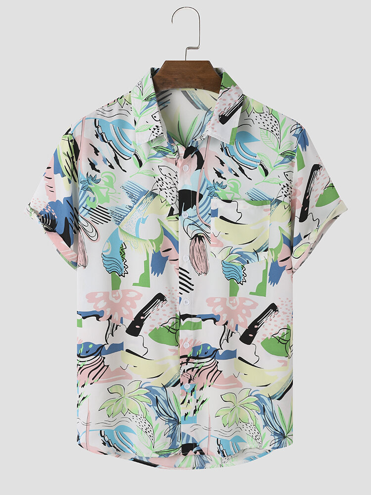 Mens Floral Print Lapel Chest Pocket Short Sleeve Shirts