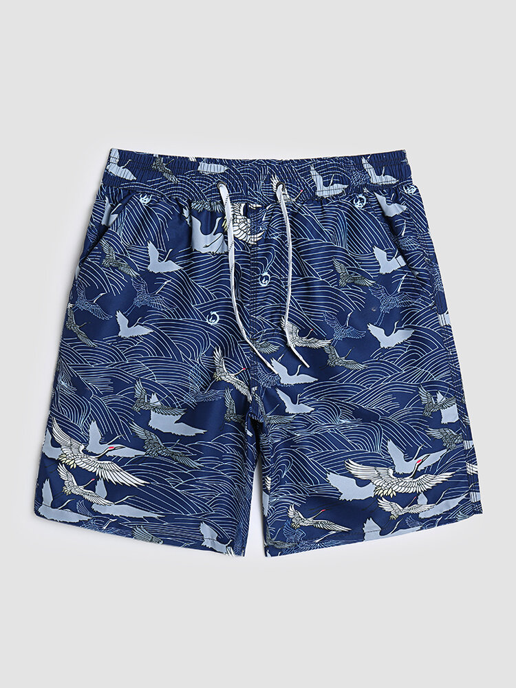 Men Ukiyoe & Crane Pattern Thin Seaside Quick Dry Breathable Board Shorts