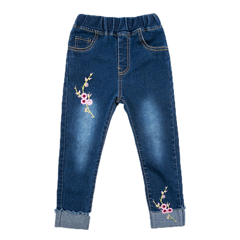 Flower Embroidered Girl Long Jeans Denim Pants For 4Y-15Y