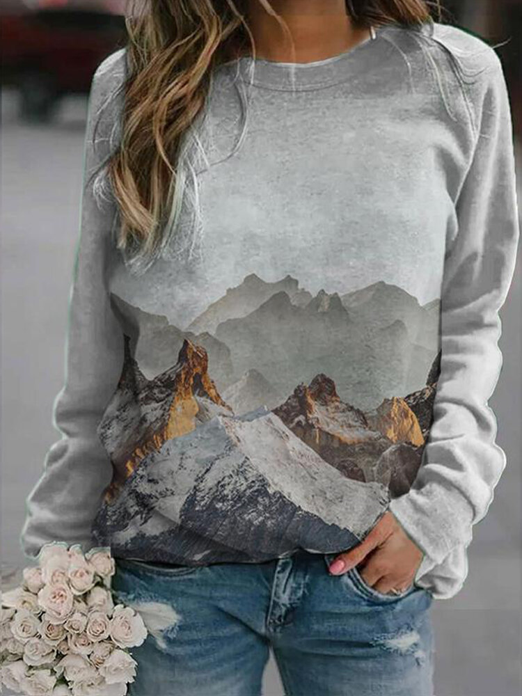 Mountain Landscape Print Long Sleeve Casual Sweatshirt For Women