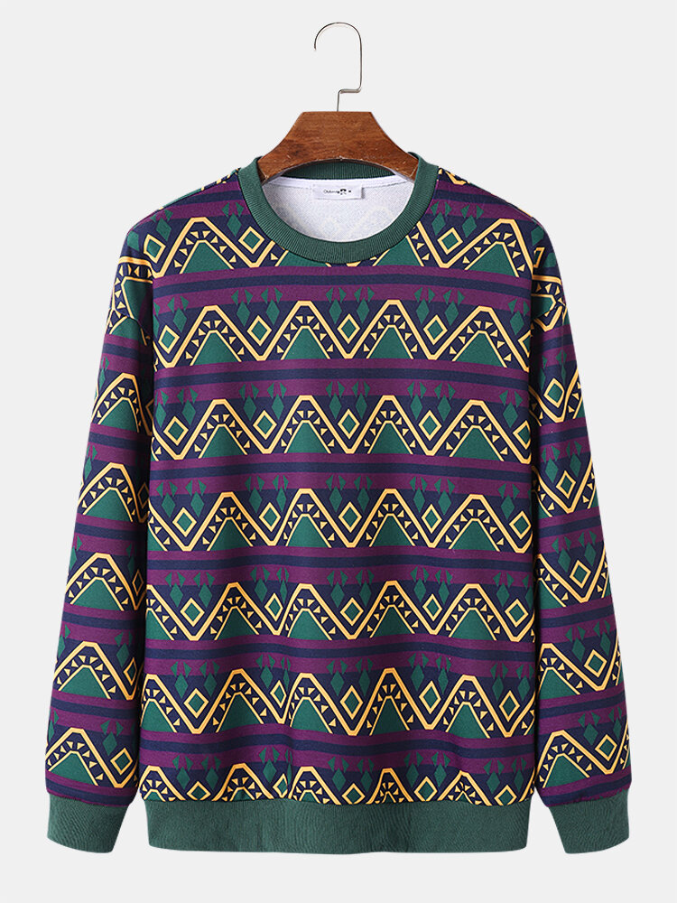 Mens Vintage Geometric Print Crew Neck Loose Pullover Sweatshirts
