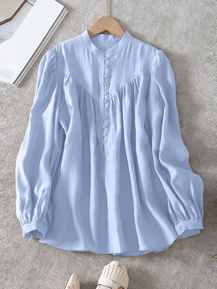 Solid Button Front Stand Collar Long Sleeve Blouse