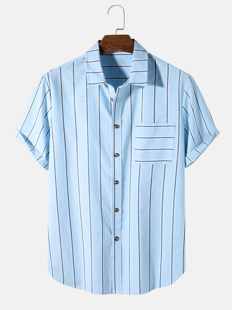 Mens 100% Cotton Striped Plain Casual Short Sleeve Shirts