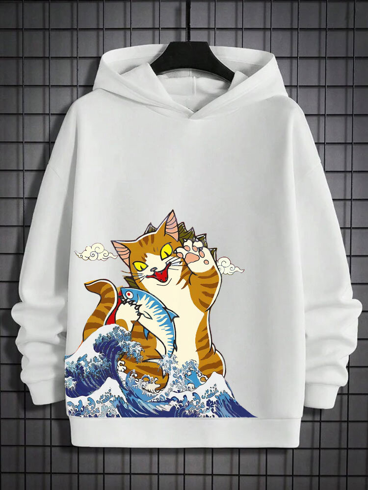 Mens Japanese Wave Cat & Fish Print Long Sleeve Hoodies Winter