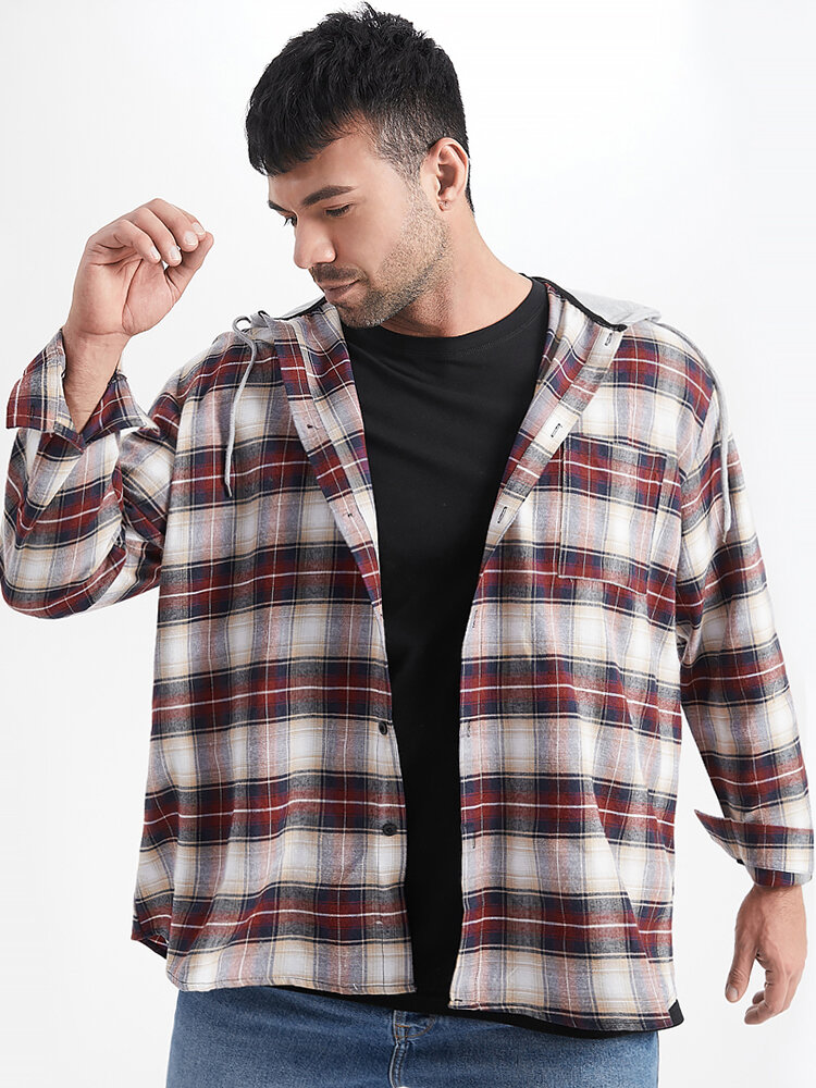 

Plus Size Mens Check Plaid Print Button Casual Drawstring Hooded Shirt, Red;green