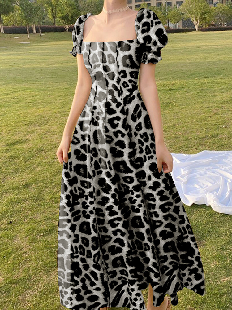 Leopard Print Puff Sleeve Square Collar Swing Maxi Dress