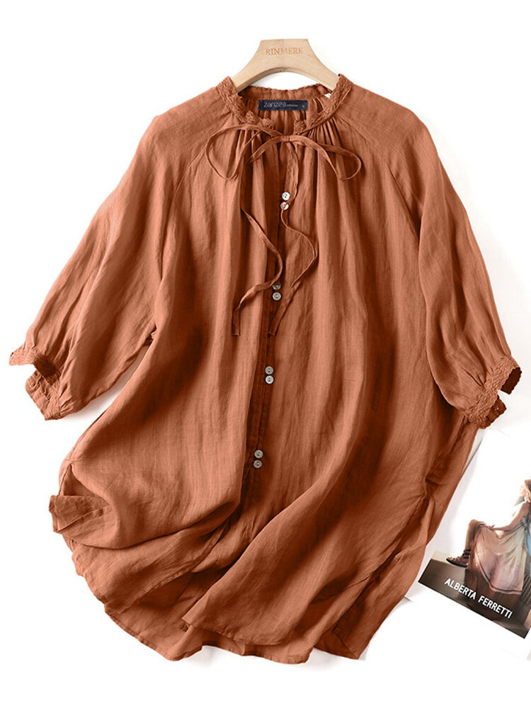 

Women Plain Tie Stand Collar Button Up 3/4 Sleeve Shirt, Navy;brown