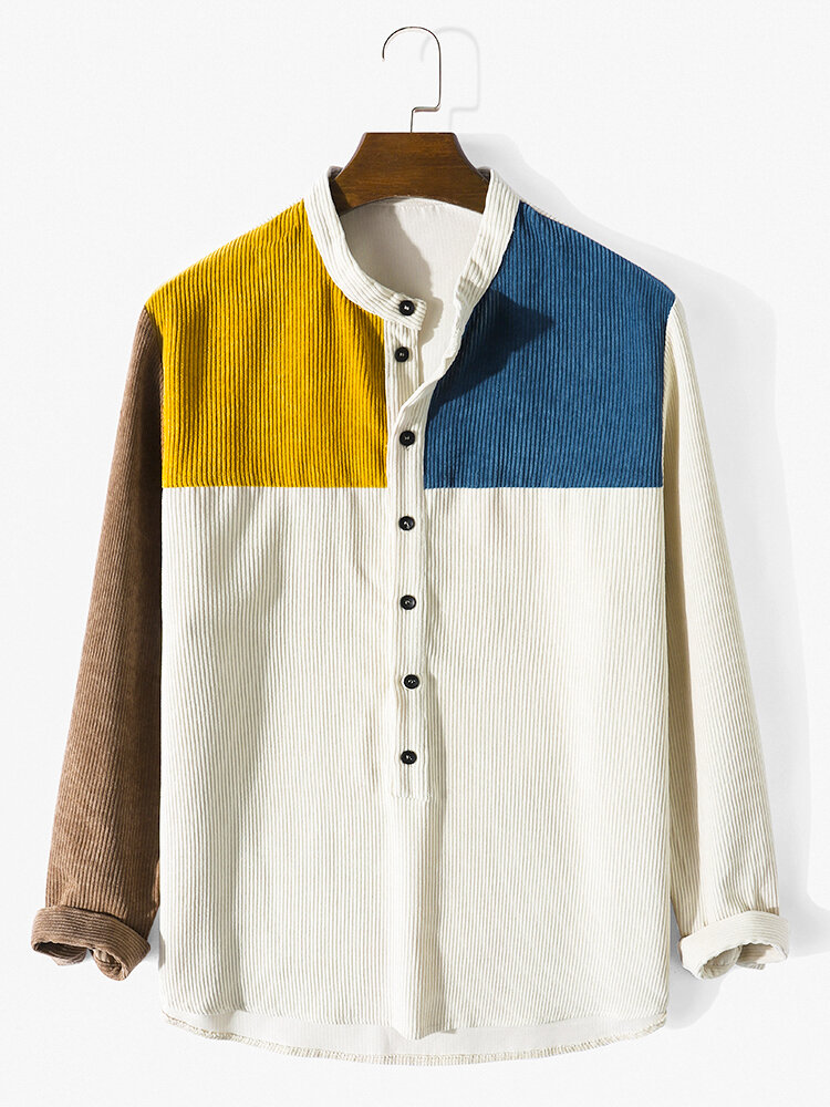 Mens Colorblock Stitching Half Button Corduroy Long Sleeve Henley Shirts