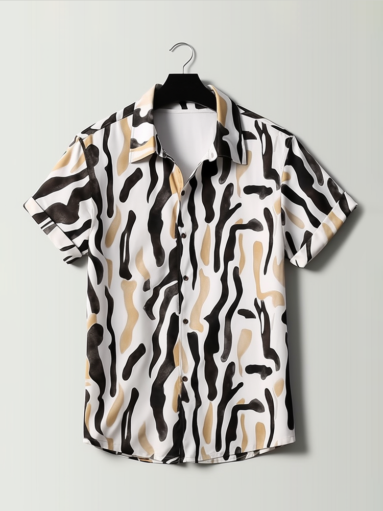 

Mens Zebra Pattern Lapel Button Up Short Sleeve Shirts, White