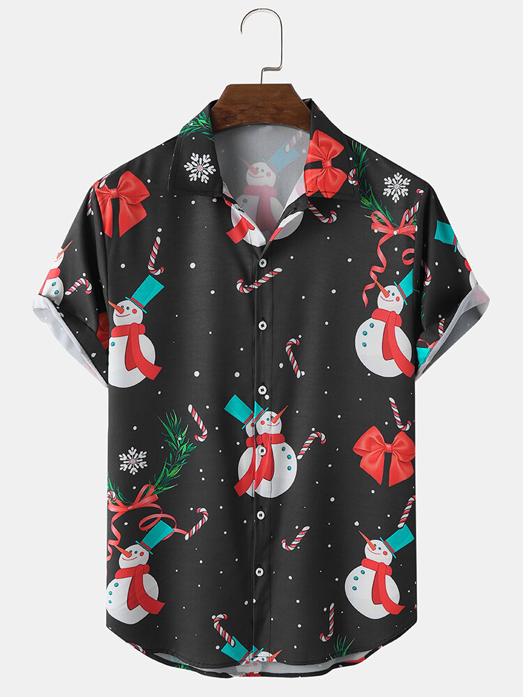 Mens Christmas Snowman Print Lapel Button Front Holiday Short Sleeve Shirts
