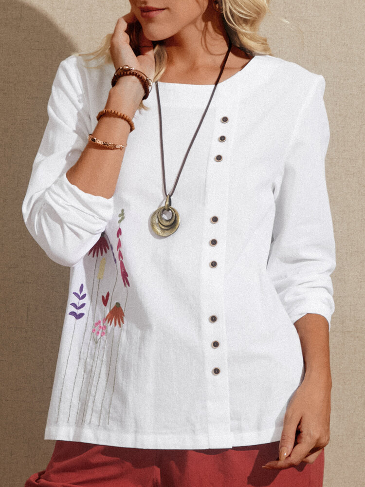 Блузка на пуговицах с круглым вырезом и длинными рукавами из ситца с вышивкой