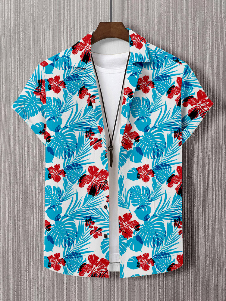

Mens Tropical Floral Print Revere Collar Hawaiian Vacation Short Sleeve Shirts, Blue