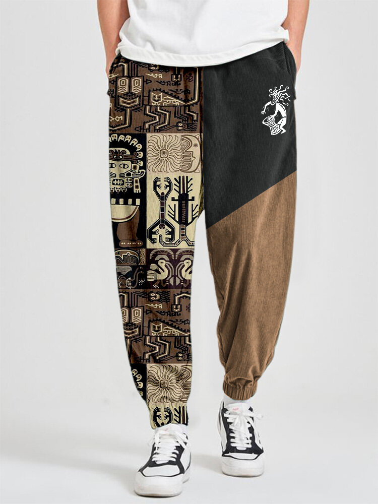 Mens Ethnic Tribal Pattern Color Block Patchwork Corduroy Pants