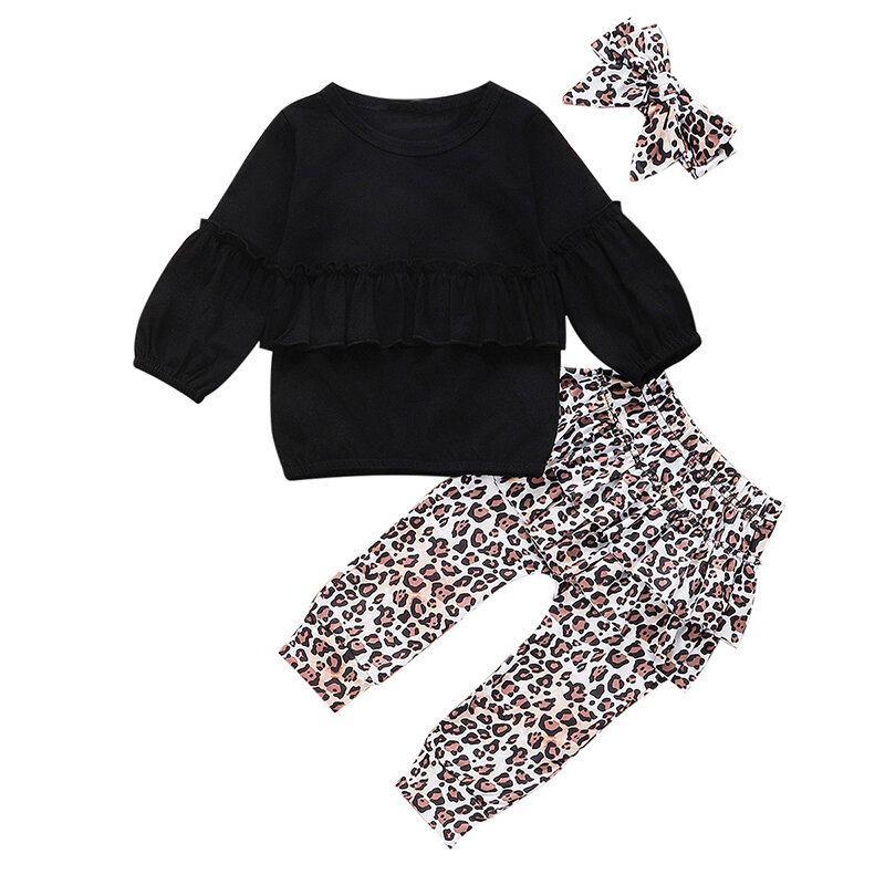 3PCs Toddler Girl's Leopard Print Pants Long Sleeves Black Tops Casual Set For 1-5Y
