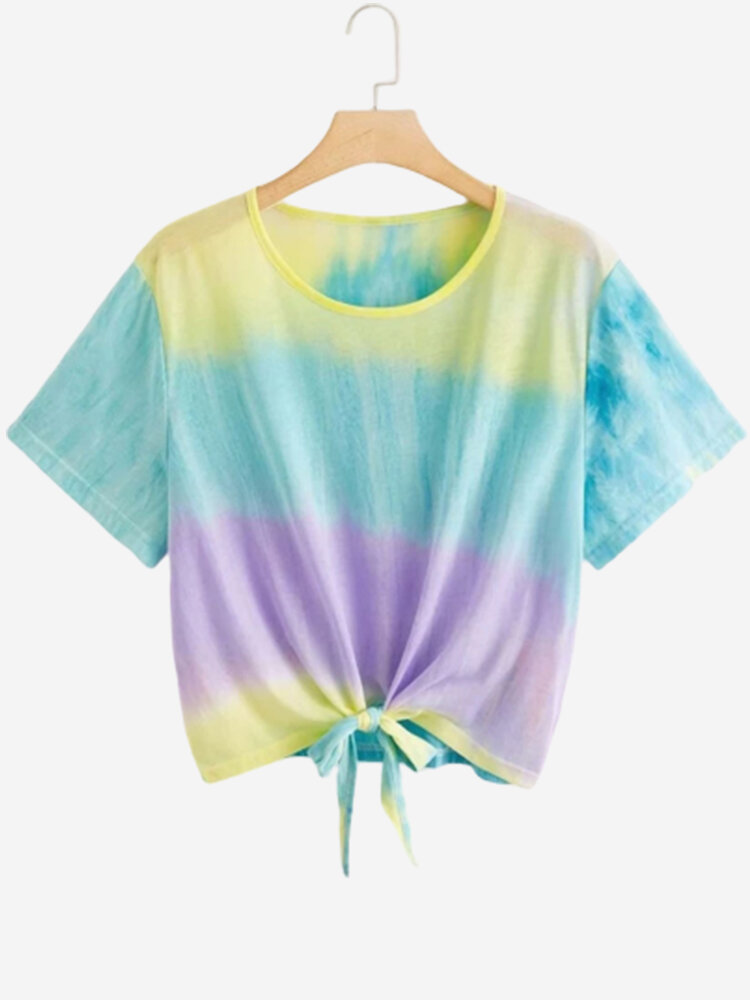 Irregular Tie-Dye Print Short Sleeves O-neck Casual T-shirt For Women