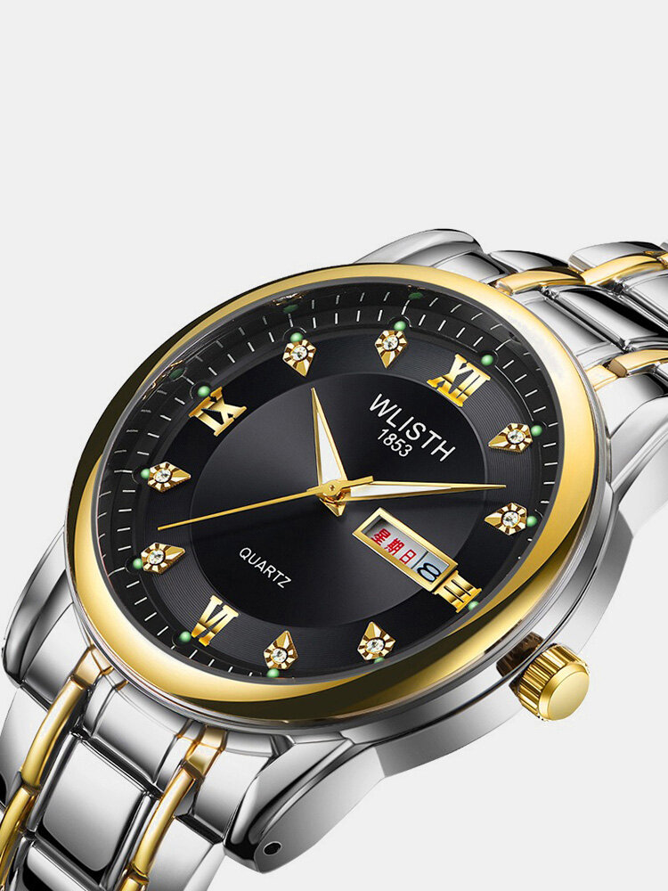 Business Luminous Quartz Watch Stainless Steel Men Waist Watch Double Calendar Watch