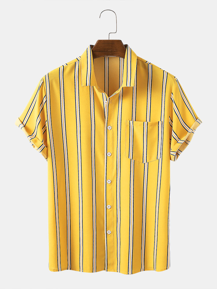 Mens Striped Color Chest Pocket Short Sleeve Shirts