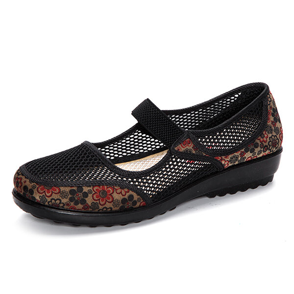 Laege Size Mesh Breathable Flower Printing Wedge Heel Loafers