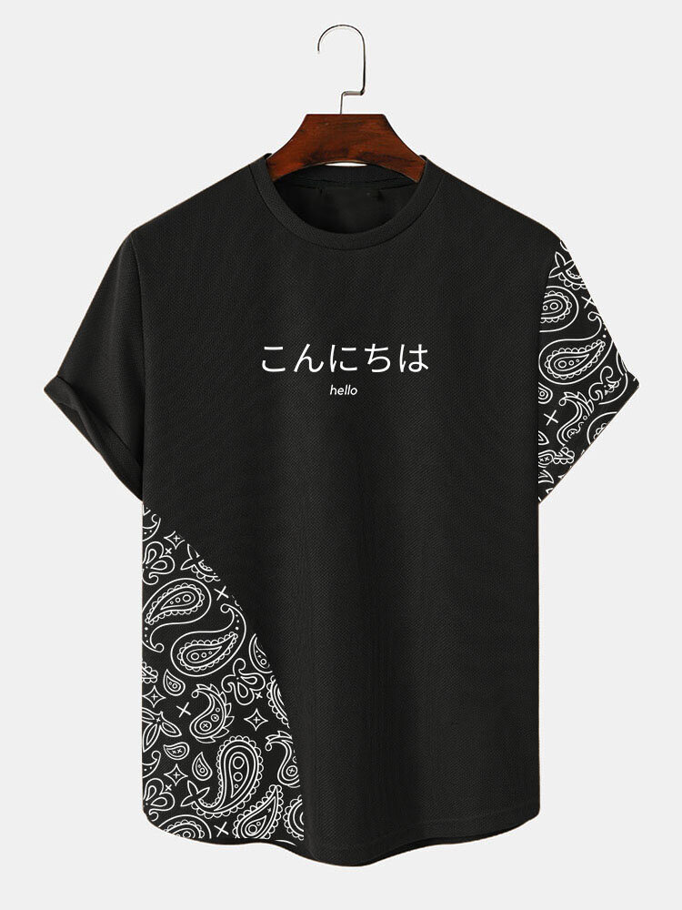 Camisetas masculinas étnicas paisley japonesas com estampa patchwork de manga curta