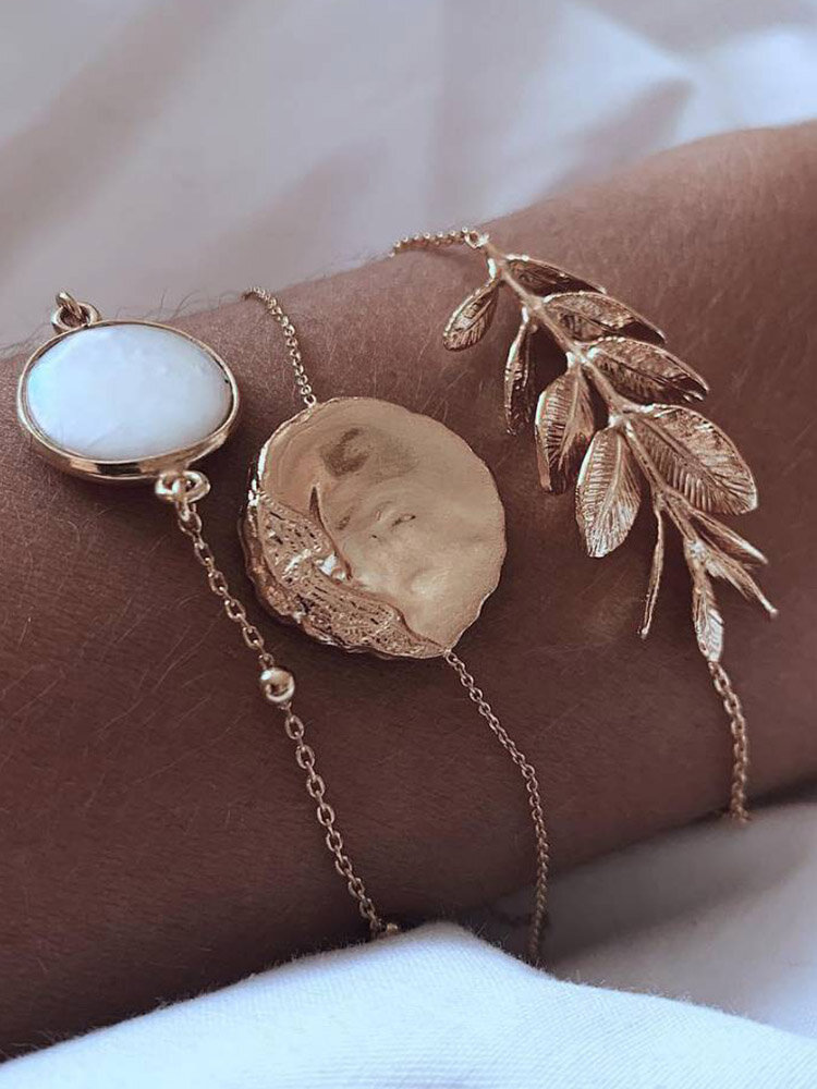 3 Pcs Bracelet Set Bohemian Gemstone Leaves Geometric Round Chain Bracelet Ethnic Jewelry for Women