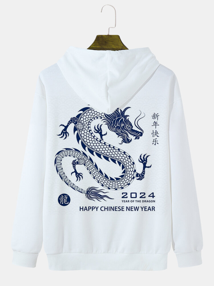 Mens Chinese New Year Dragon Back Print Loose Drawstring Hoodies Winter