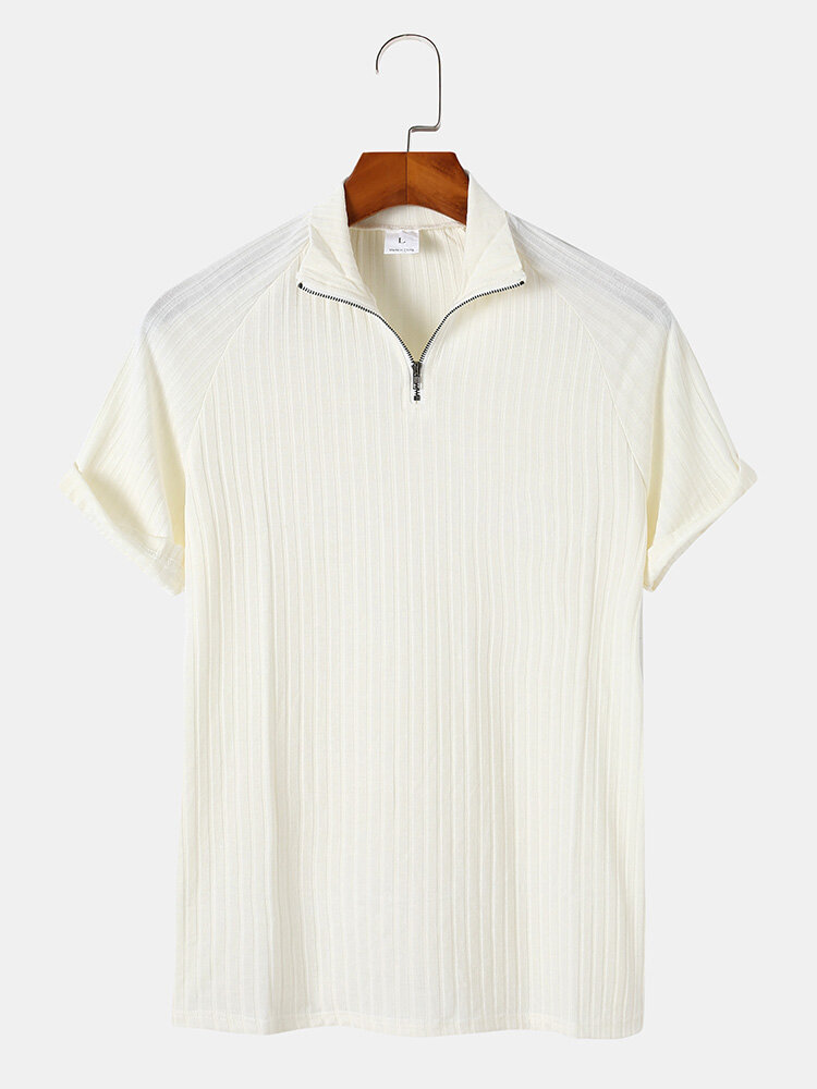 Mens Striped Texture Zip Neck Sports Knit Raglan Sleeve Golf Shirts
