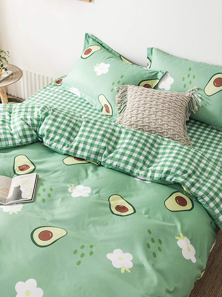 3/4 Pcs Avocado And Plaid Print AB Sided Aloe Cotton Comfy Bedding Set Sheet Duvet Cover Pillowcase