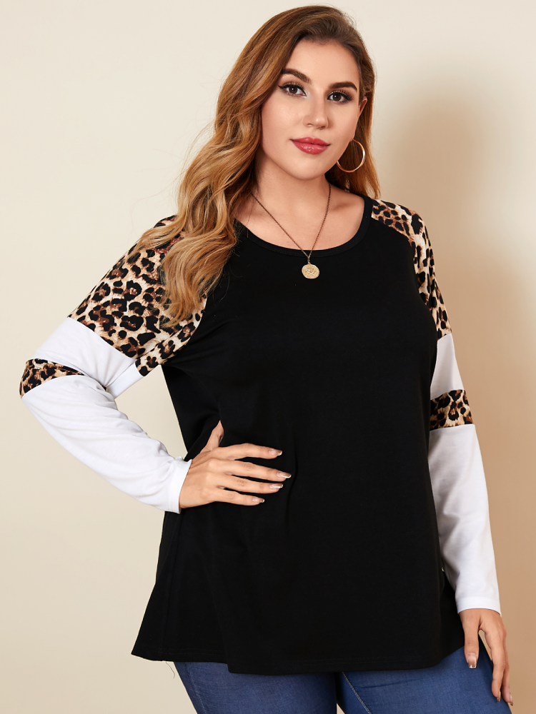 Leopard Print Patchwork Raglan Sleeve Plus Size T-shirt for Women