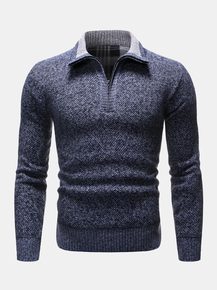 Mens Contrast Lapel Half Zip Knitted Warm Casual Pullover Sweaters