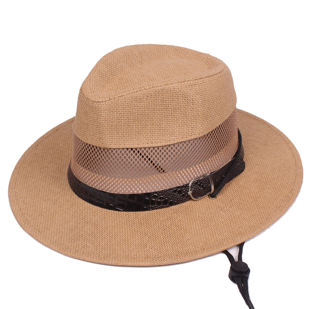 

Men's Flat Brim Mesh Solid Belt Jazz Hat Canvas Material Breathable Flexible Classic Sun Hat, Brown;khaki;beige;white
