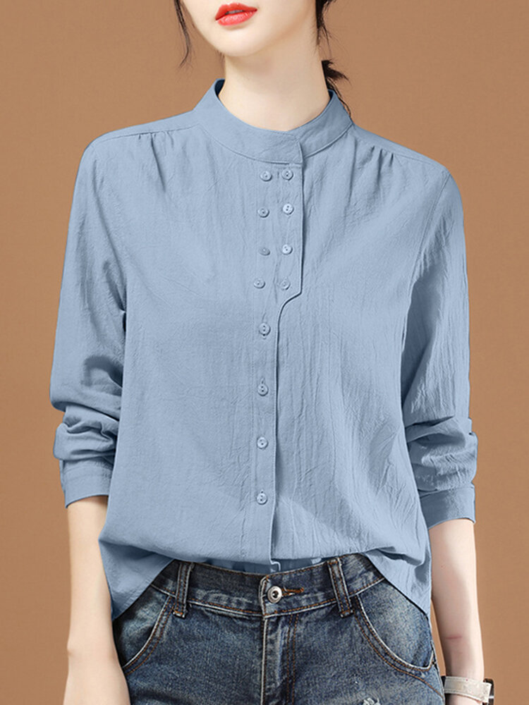 Solid Stand Collar Button Front Long Sleeve Blouse