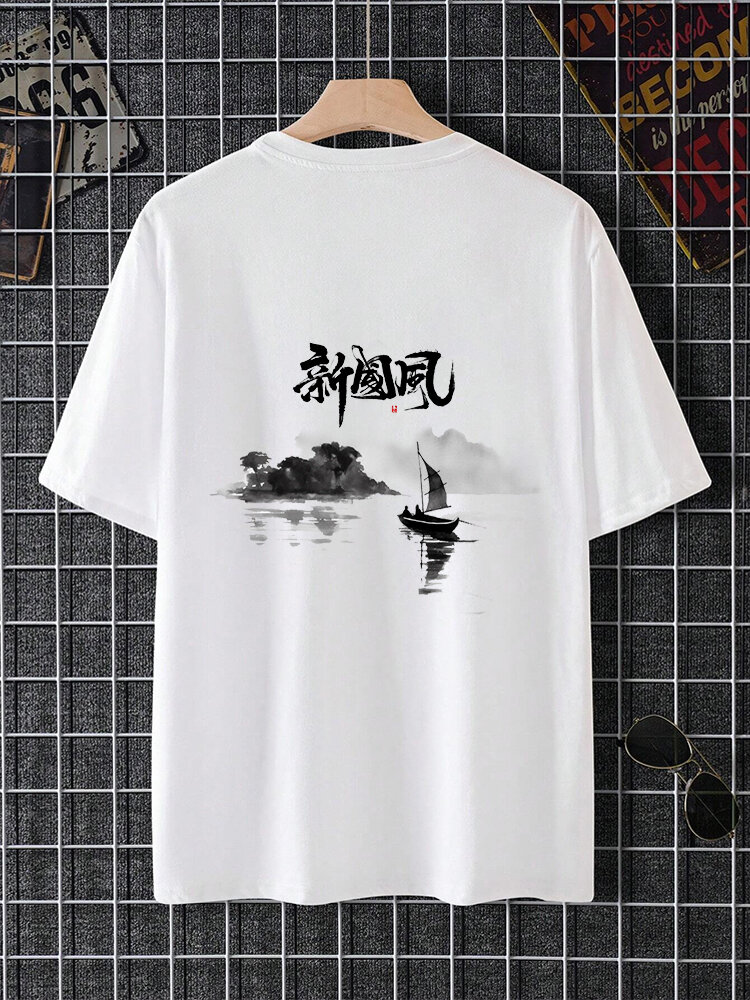 Mens Chinese Landscape Ink Painting Back Print Short Sleeve T-Shirts Winter