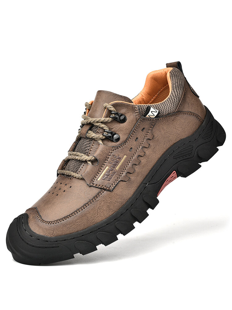 Men Outdoor Stitching Non Slip Breathable Leather Hiking Shoes