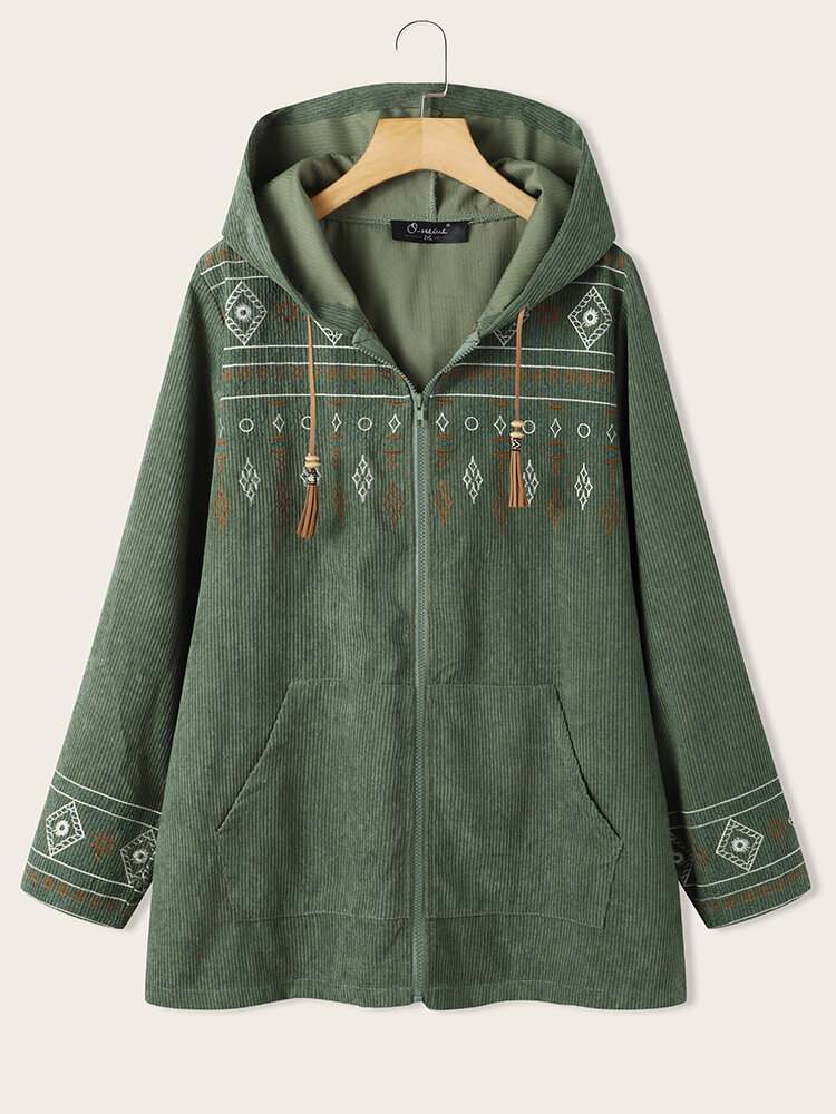 Plus Size Ethnic Embroidered Drawstring Pocket Hooded Jacket
