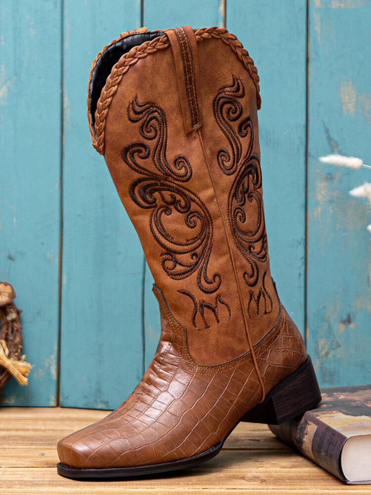Women Retro Ethnic Comfy Square Toe Chunky Heel Cowboy Boots