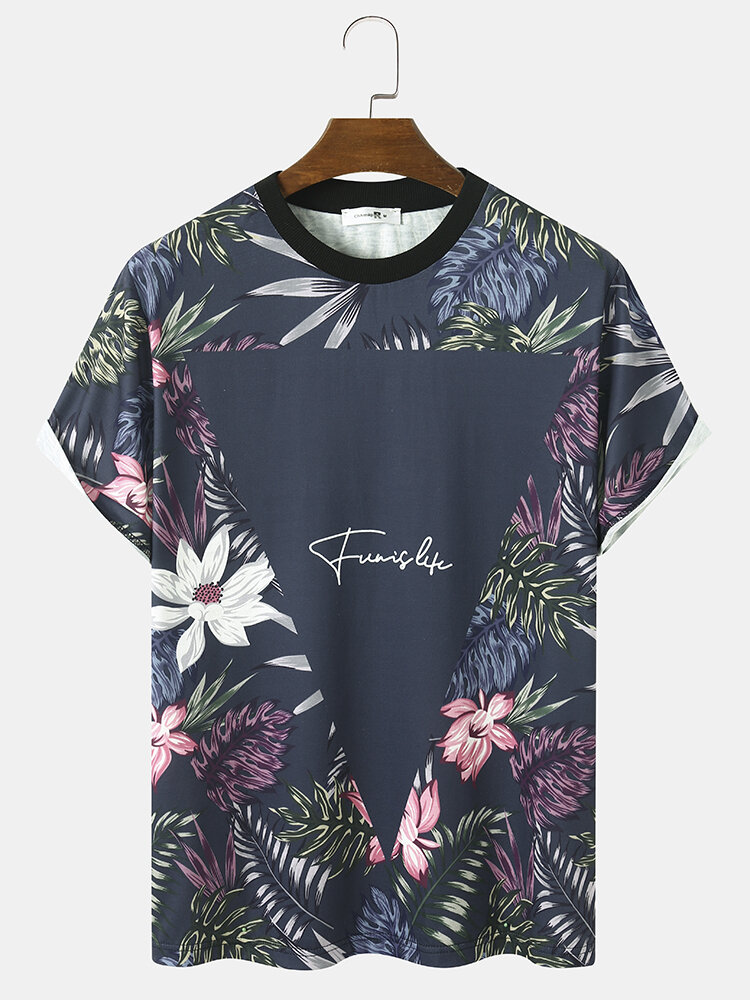 Camisetas de manga corta con estampado de letras triangulares tropicales para hombre