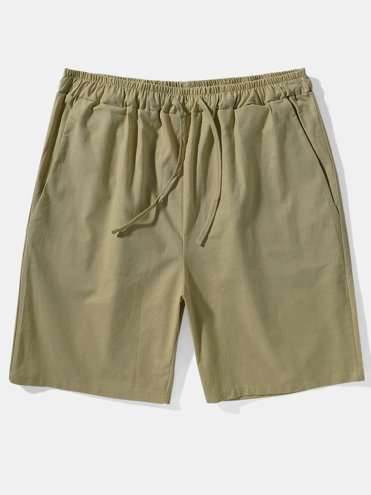 Mens Cotton Linen Solid Color Basics Mid Length Drawstring Shorts