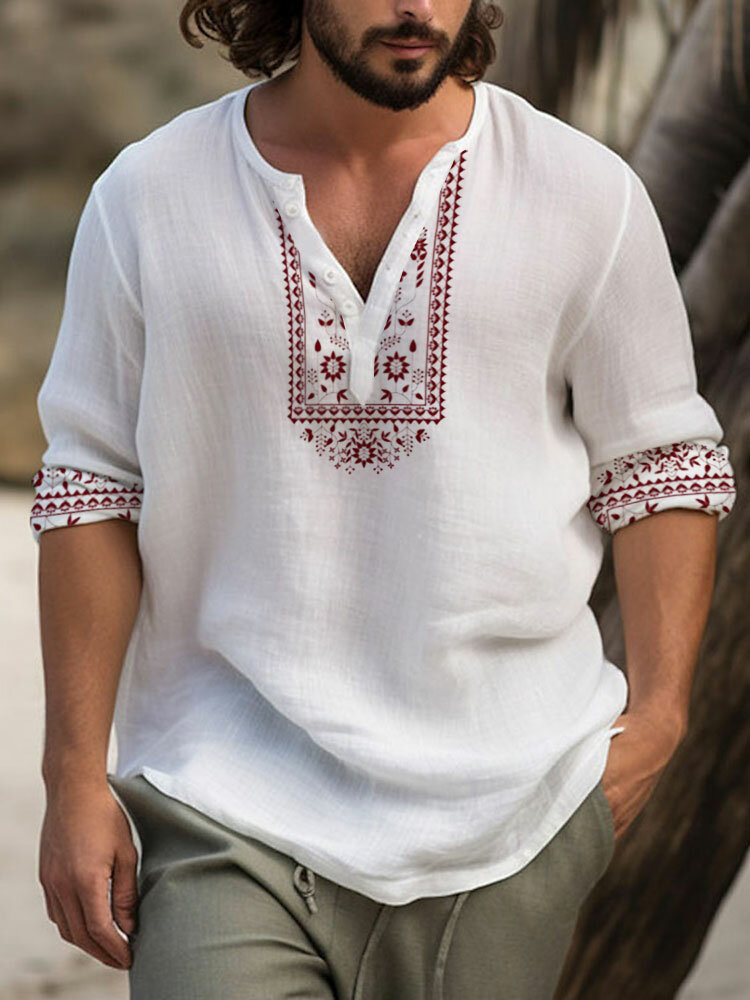 Chemises Henley à manches longues et demi-bouton pour hommes avec bordure florale