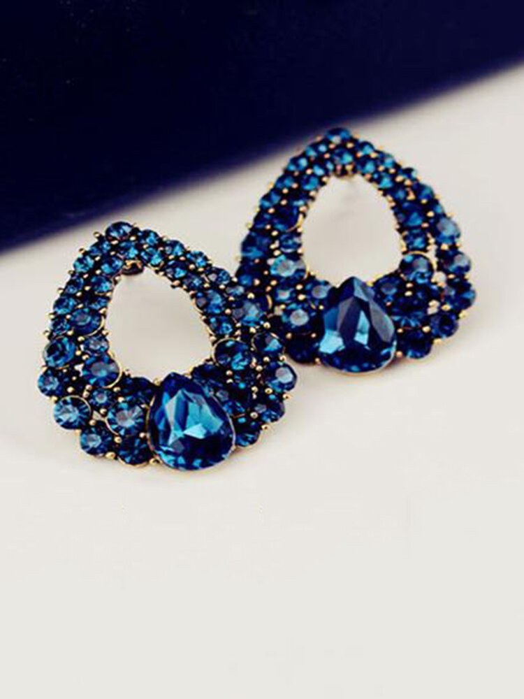 Fashion Ear Stud Earrings Blue Gemstone Hollow Rhinestone Drop Earrings Elegant Jewelry for Women
