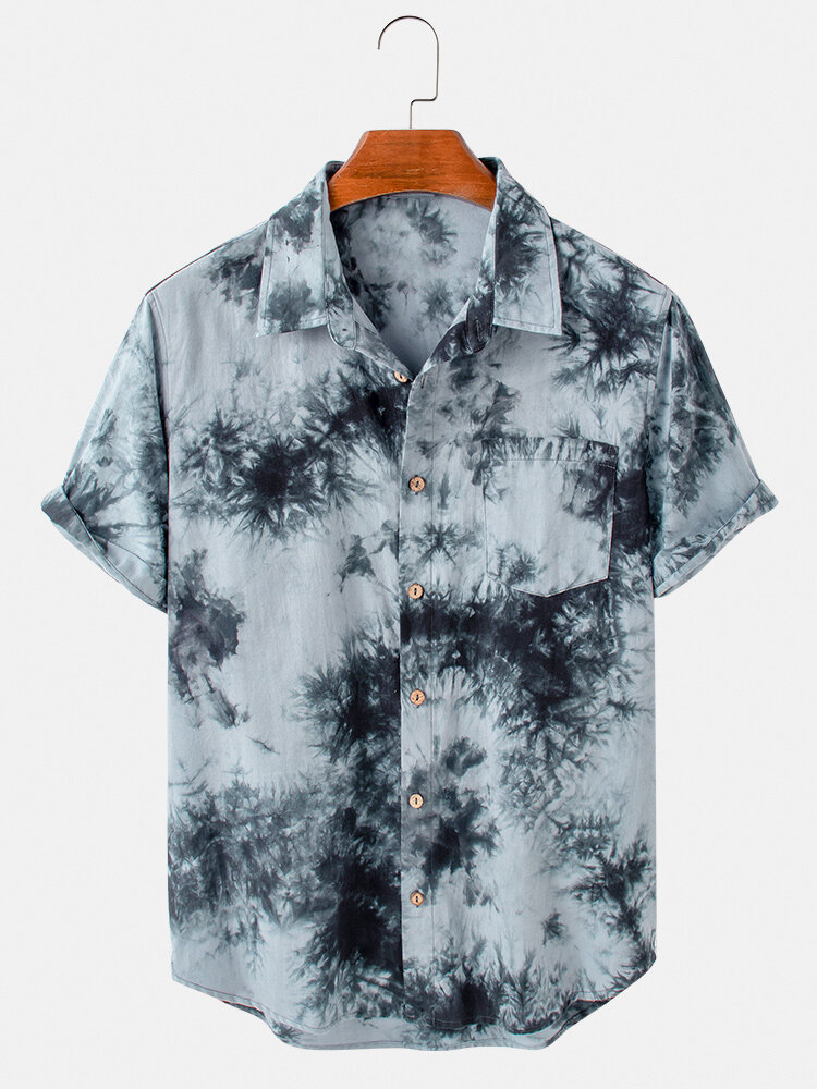 Mens Cotton Tie-Dye Print Breathable Light Short Sleeve Shirts