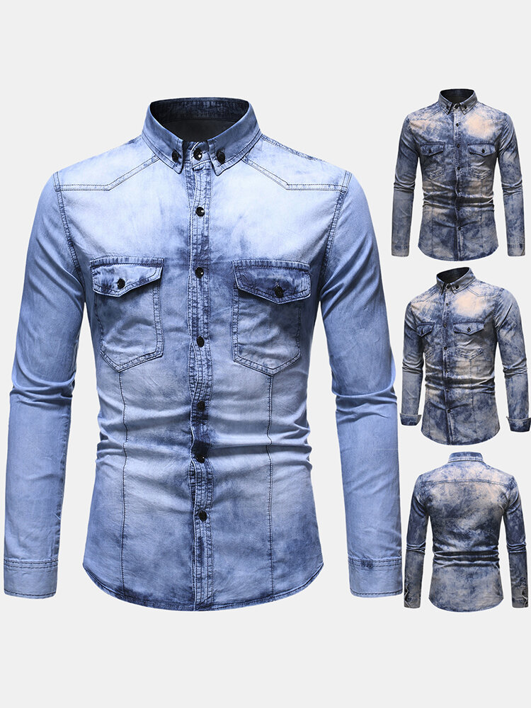 Mens Business Style Tie Dye Button Front Long Sleeve Shirts